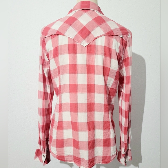 North River Women’s Pearl Snap Western Shirt Medium Pink White Plaid 100% Cotton - Picture 5 of 13